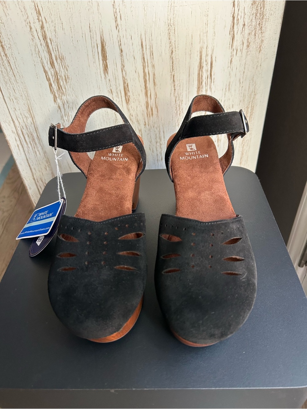 White Mountain Black Suede Cutout Ankle-Strap Clogs